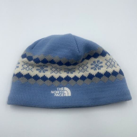 The North Face Blue Knit Beanie OS Snowflakes Winter Hat Gray White - Picture 1 of 4